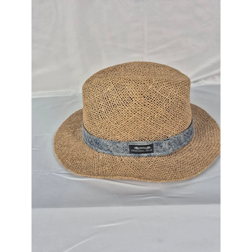 Panama Jack Straw Fedora‎ Hat Tan Woven Sun Hat Blue Denim Band Mens Womens
